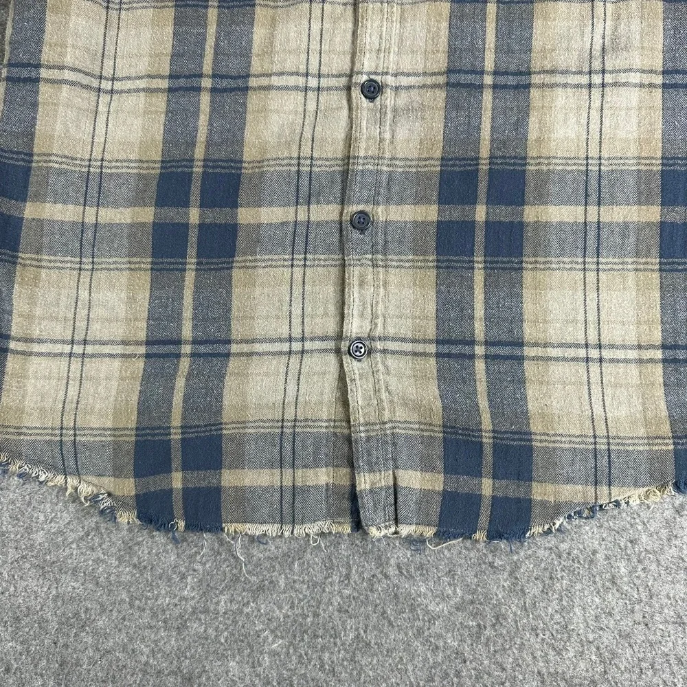 Retrofit Mens‎ Large Plaid Distressed Flannel Shirt Blue Tan Grunge